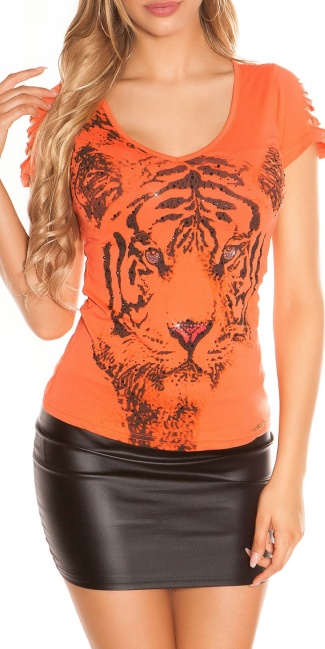 t-shirt with tiger print and cracks Coral